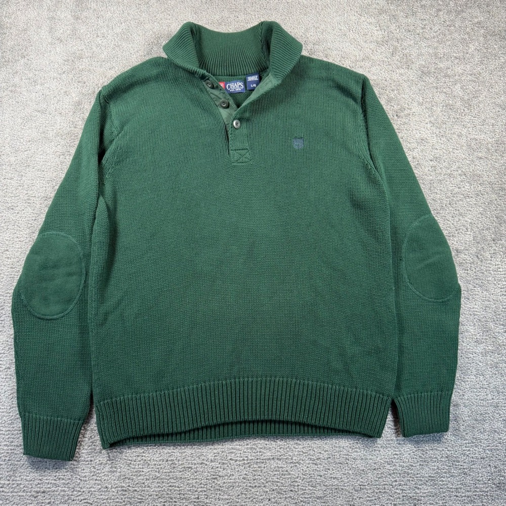 Chaps Mens Green Cotton Knit Button Mock Cowl Neck Sweater Elbow Patches Large